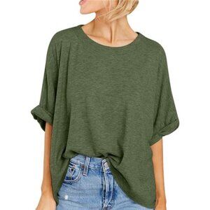 Women Army Green Oversized T-Shirt Summer Casual Short Sleeve Loose Tee‎ Tops